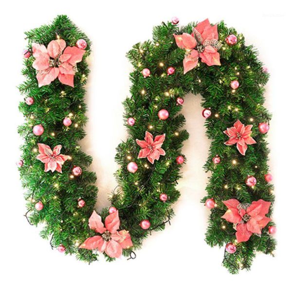 

2.7m artificial green pin christmas garland wreath hanging ornament glitter with fake flowers balls xmas trees wedding decor par1