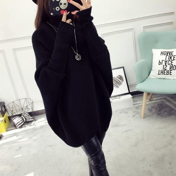 

simple new fashion autumn winter casual knitted women high neck bat long sleeve loose mid length female knitwear 2020 sweater1, White;black