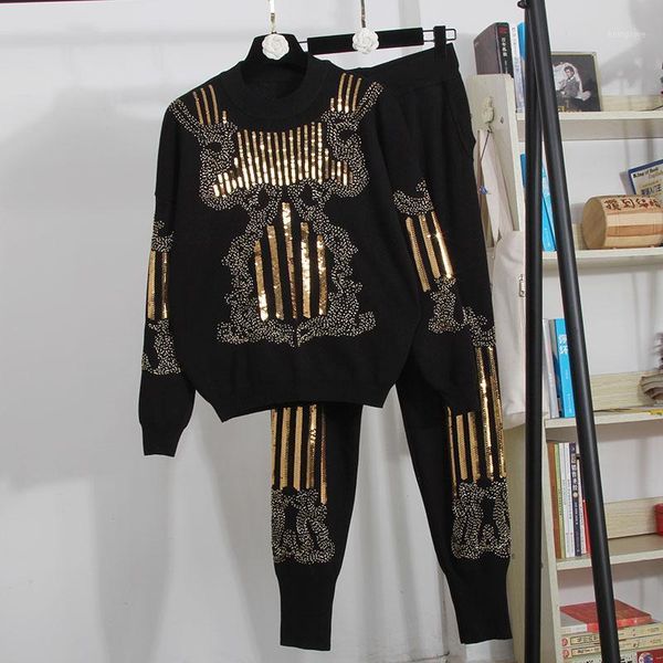 

white black tracksuits knitted set women handwork sequins embroidery sweater pencil pants outfits female loose casual knit suit1, Gray