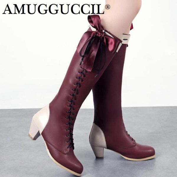 

2020 new plus big size 33-45 black wine-red gray lace up zipper fashion bowtie autumn winter girl females lady women boots x1786