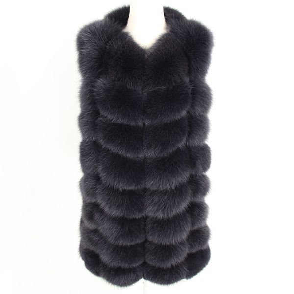 

maomaokong 88cm long natural fox fur vest fashion sleeveless fur jacket coat warm female slim park jacket lj201203, Black