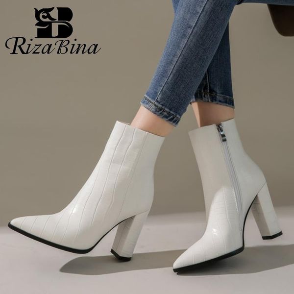 

rizabina размер 34-43 женщины ботильоны zipper толстые высокого каблука зимней обувь женщины сексуального острый нос офис леди короткие загр, Black