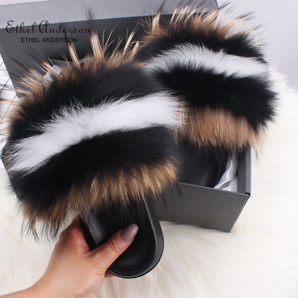 

ethel anderson fox fur slippers flip flop women fur slides sandals furry fluffy summer fuzzy slides plush designer ale x1020, Black