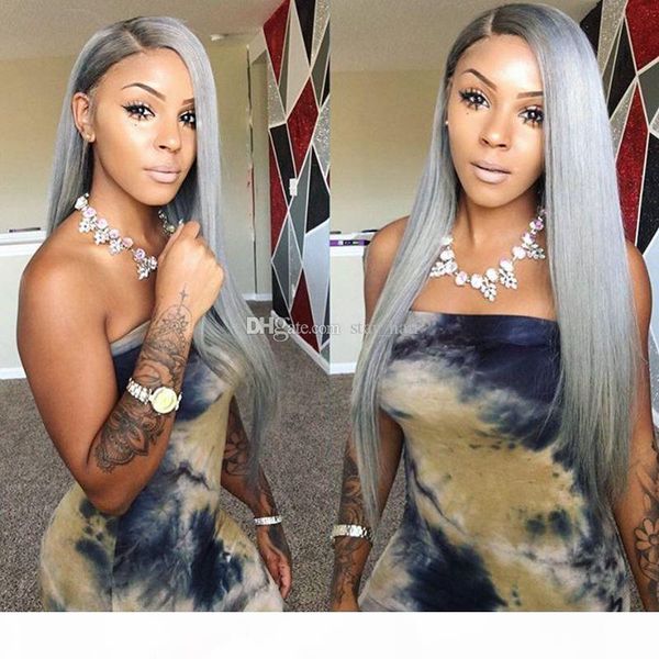 

full lace wigs with baby hair dark roots 1b grey human hair wigs ombre silky straight lace front wig two tone, Black;brown
