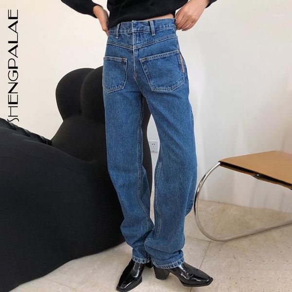 

shengpalae new women's vintage fashionable mid waist straight tube jeans in autumn and winter blue loose wash cowboy pants 5a1201