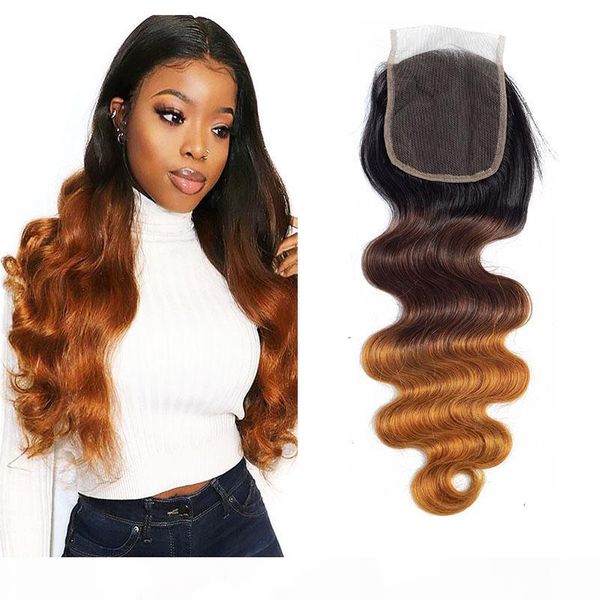 

ombre human hair closure body wave brazilian peruvian virgin human hair lace closure color three tone 10-20 inch, Black;brown