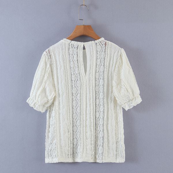 

2021 new lace shirts womens neck short sleeve femme summer ojce, White