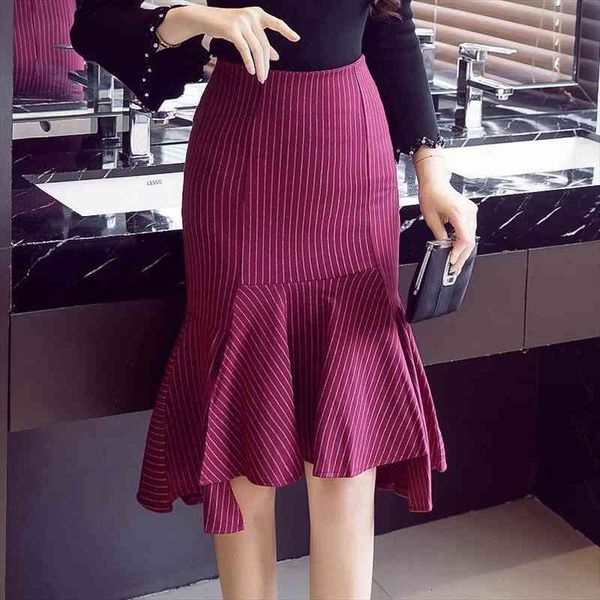 

women pencil skirts autumn winter elegant high waist skirt vintage ladies office formal striped print plus size, Black