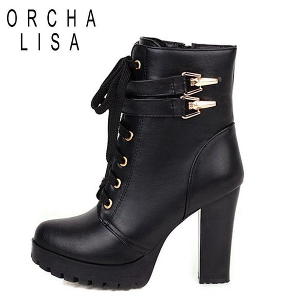 

boots orchalisa spring autumn women shoes black high heels lacing platform ankle chunky heel pu leather