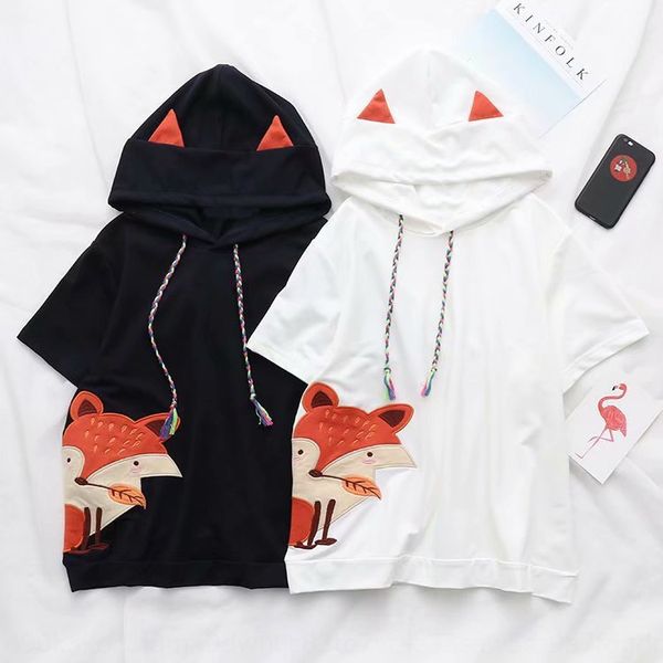 

2019 summer new colorful drawstring fox hooded women's d-3658 2019 summer new colorful drawstring fox embroidered hooded women's e, Black