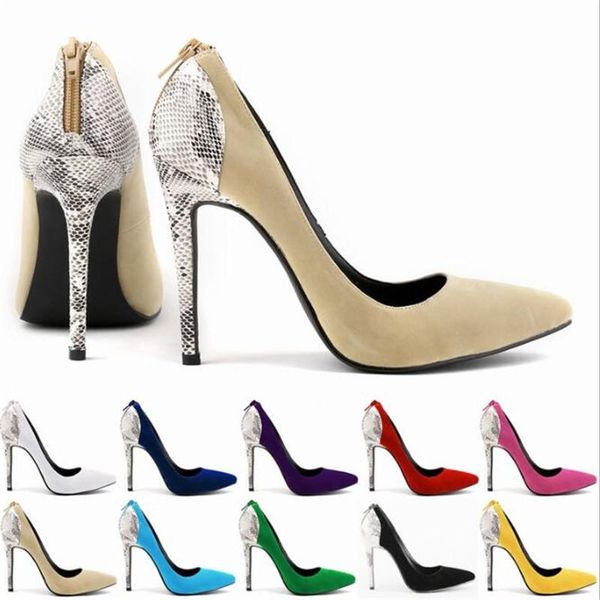 

thin high heels female shoes woman pumps wedding party pointed toe flock 11cm slip on zip serpentine 2020 size 35-42, Black