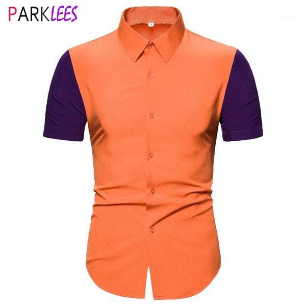 

men's casual shirts fashion patchwork shirt men 2021 summer short sleeve slim fit mens dress social male hit color camisas1, White;black