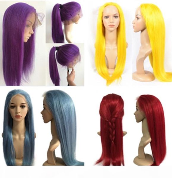 

color lace front human hair wigs for black women peruvian wigs remy straight blue orange purple red grey wigs preplucked with baby hair, Black;brown