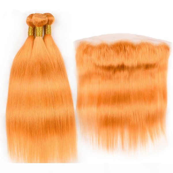 

pure orange indian human hair weave bundles with frontal colored orange straight virgin hair 3bundles with full frontal 13x4 lace closure, Black;brown