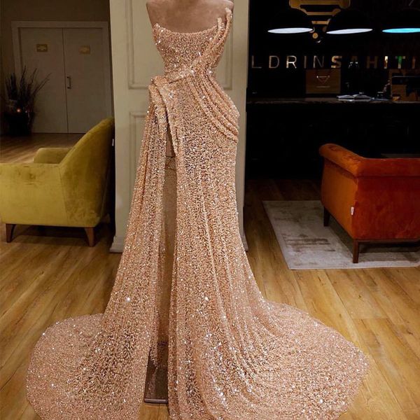 

sparkly arabic prom dresses bling bling blush pink sequin split prom dresses sweetheart neck evening party gowns customized, Black