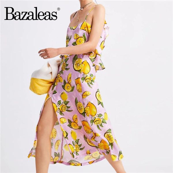 

bazaleas harajuku cropped blouse fashion lemon print two piece set suit vintage crop and midi skirt casual1, White