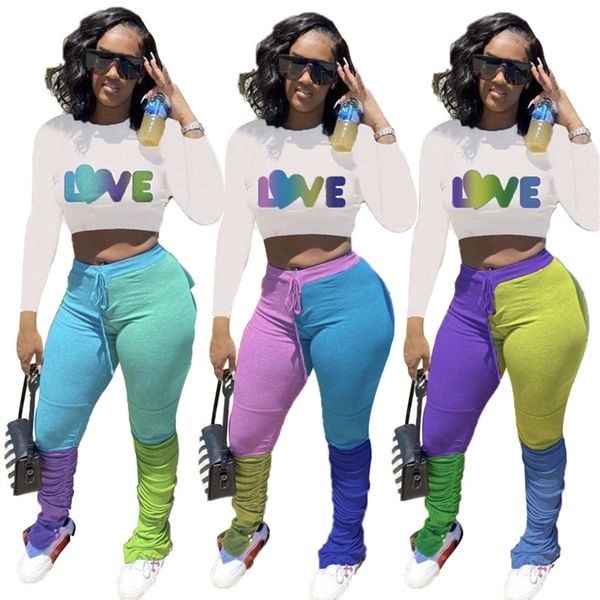 

women tracksuit letters love long sleeve sweater crop contrast color pleated trousers pants two pieces outfits sport suit d102603, Gray