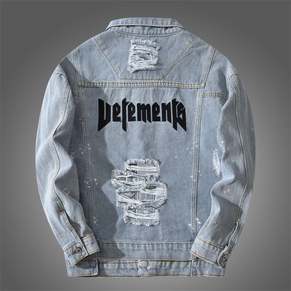 

2021 trendy men's spring and autumn new light blue loose denim letter embroidered hole fashion jacket bt9c, Black;brown