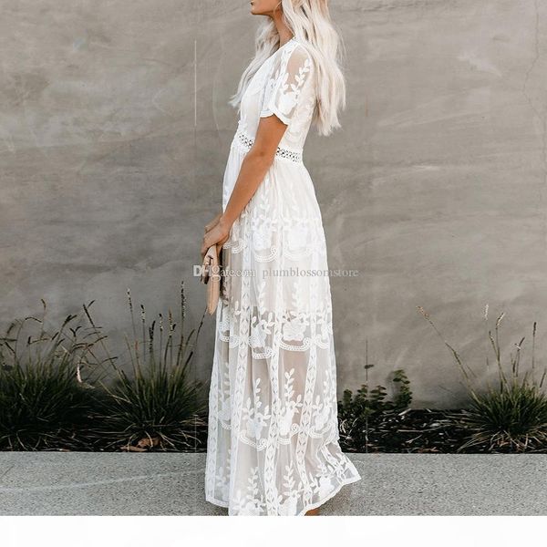 

women elegant lace embroidery dress short sleeve v-neck hollow out summer maxi white party dress spring long casual prom evening dress, Black;gray