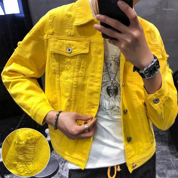 

autumn new yellow denim jacket super handsome couple coat fashion street style brokean hole jacket size s-3xl1, Black;brown