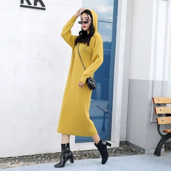 

gigogou women long straight maxi hoddies dress autumn winter women pullover sweater dress casual knit midi dress pull vestidos 201127, Black;gray