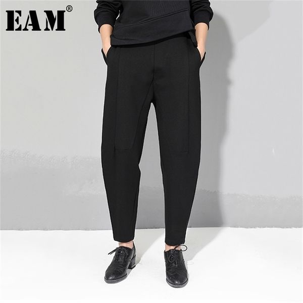 

[eam] new spring autumn high elastic waist black loose patchwork split joint brief pants women trousers fashion tide jq013 201118, Black;white