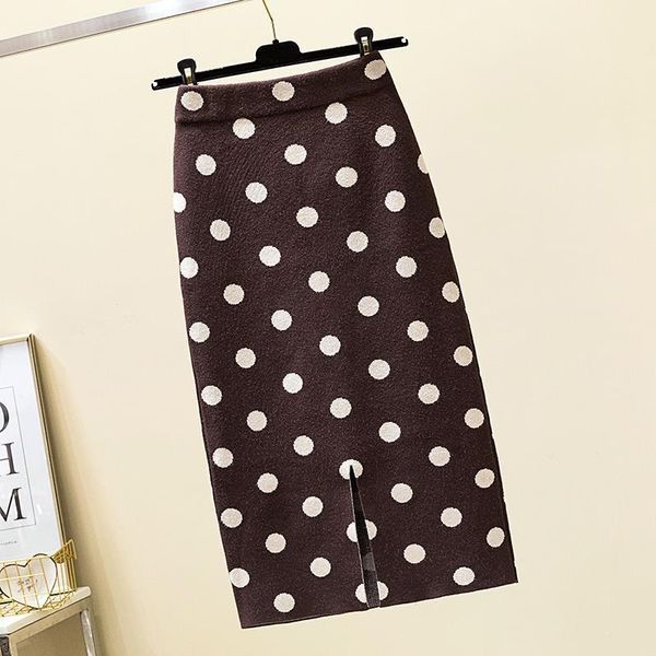 

female 2021 new crochet polk dot pencil autumn high vintage winter divided thick elastic skirt y310 ld75, Black