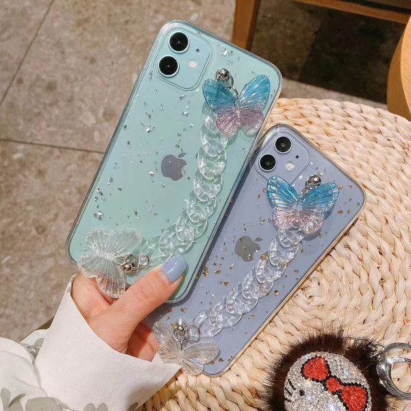 3d Luxusfälle Fashion Glitter Bling Butterfly Armband Phone Hüllen für iPhone 14 13 11 12 Pro x XR XS Max 7 8 plus Epoxy Clear Cover Funda