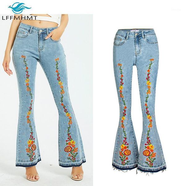 

women american style mid waist floral embroidery wide leg jeans female skinny slim casual blue vintage denim pants1