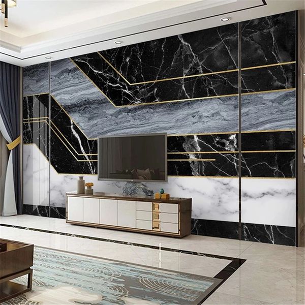 Custom Mural Modern Black Bianco Blu Blu 3D a strisce Modello di marmo Geometrico Soggiorno Tv Sfondo Decor Impermeabile