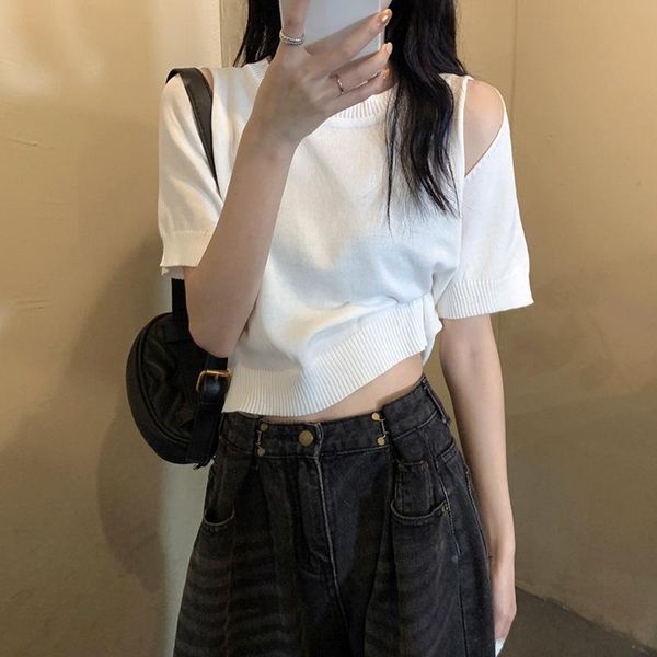 

2020 new style summer online celebrity sense of design charade short off-the-shoulder on the clothes white short sleeve t-shirt