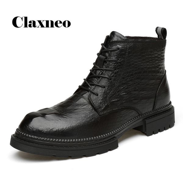 

man boots high autumn men's leather shoes crocodile design genuine leather male winter boot plush fur warm work shoe, Black