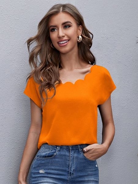 

neon orange scallop trim batwing sleeve d107#, White