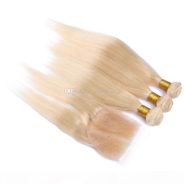 

4pcs lot brazilian platinum bleach blonde straight hair with closure 613 human blonde virgin hair bundles with middle 3 part closure, Black