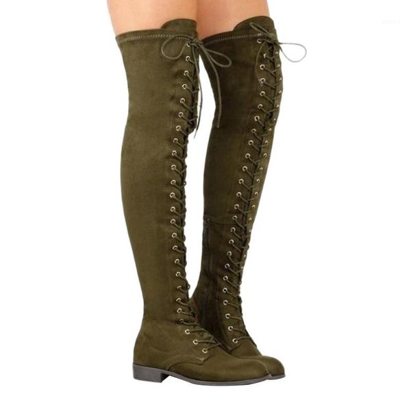 Sexy Lace Up Overknee Stiefel Damen Stiefel Flache Schuhe Frau Quadratischer Absatz Gummi Flock Botas Winter Oberschenkelhoch 34-431