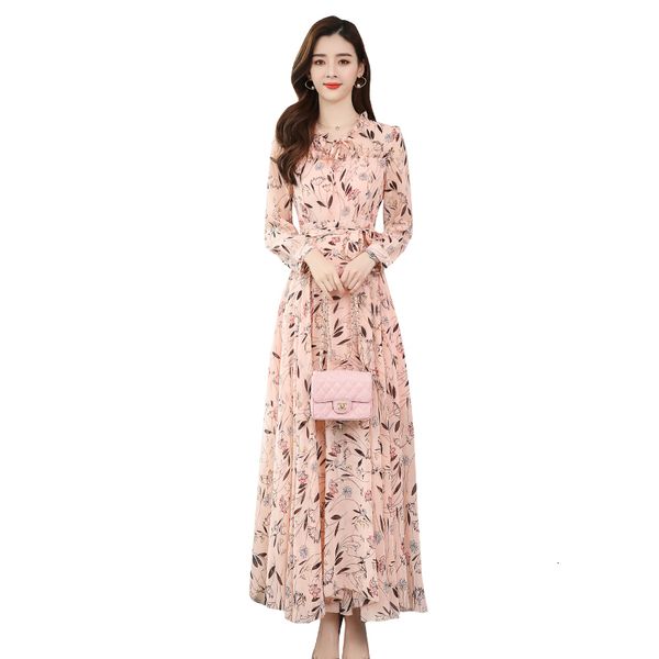

spring/summer 2020 female printed dress of chiffon plissated female casual fashion long female sleeve mid-length dress retro, Black;gray