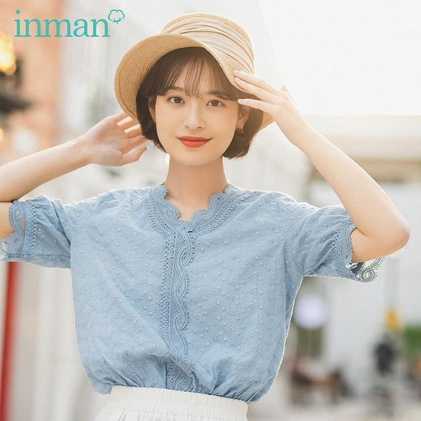 

inman 2020 summer new arrival literature cotton v-neck fiber lace short sleeve hollow out blouse1, White
