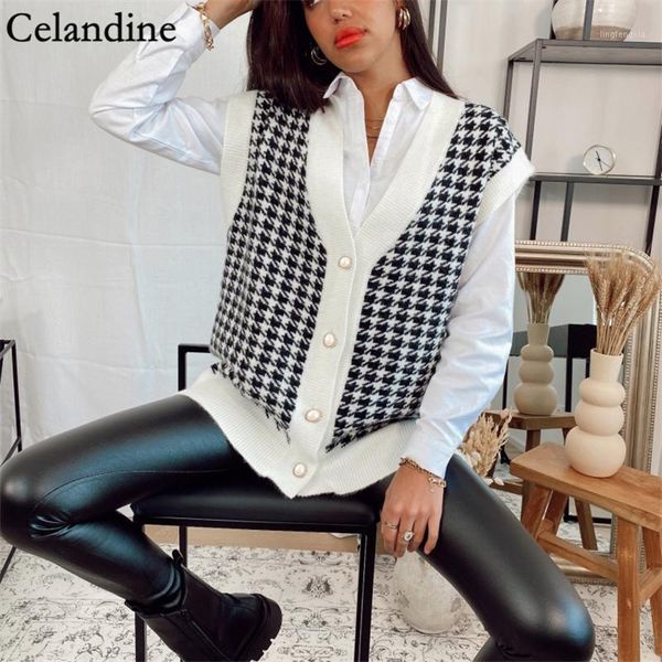 

celandine autumn winter houndstooth v neck loose cardigan vest women sleeveless oversized knitted sweater casual jumper 20201, White