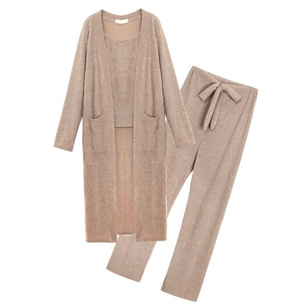 

jsxdhk the latest leisure women 3 pieces set spring knitted long cardigan + halter vest + bow loose long pants set s-4xl 201008, White