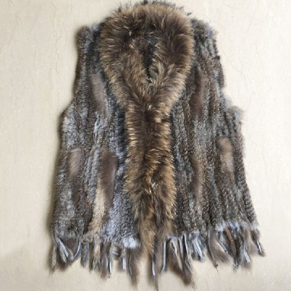 

winter women genuine fur coat natural real rabbit raccoon dog fur collar trim knitted black vest female sleeveless jacketx1016, Black;brown