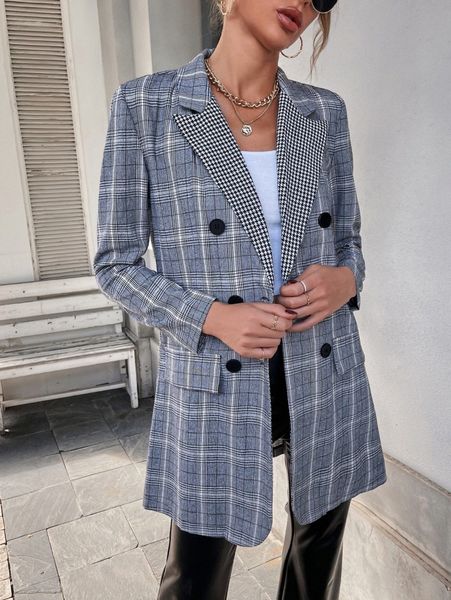 

plaid and houndstooth lapel collar double breasted blazer 41ws#, White;black