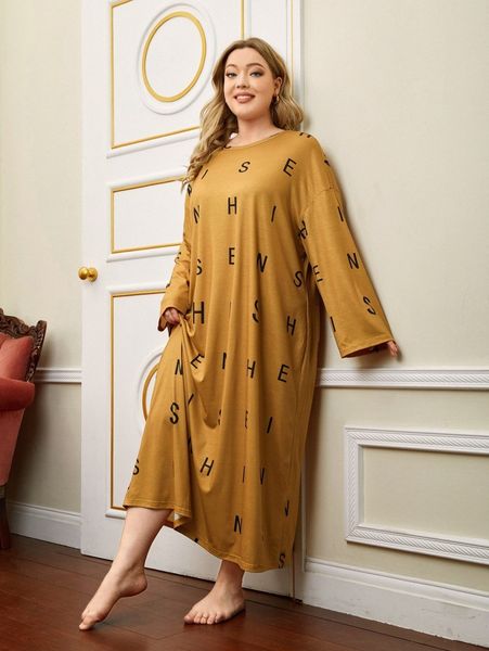 

plus letter graphic drop shoulder sleep dress h511#, Black;white