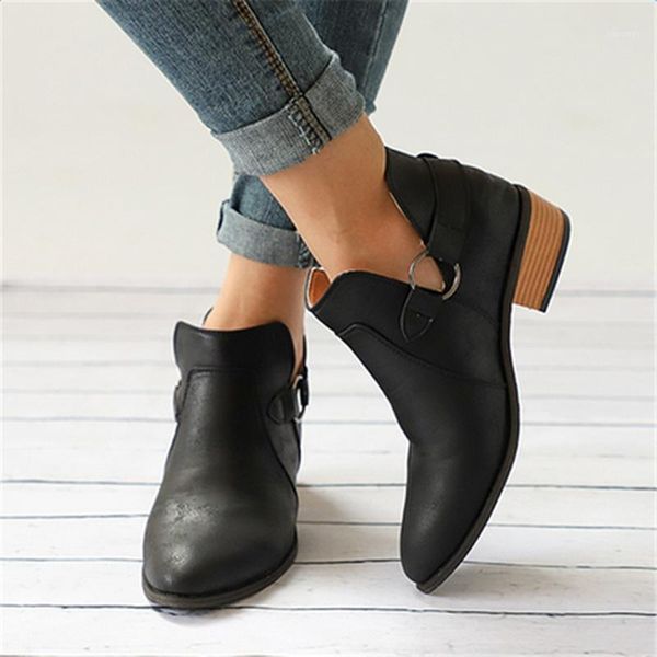 

boots slip on women ankle pointed toe pu leather low heels shoes woman booties high size 35-43 xwx70571, Black