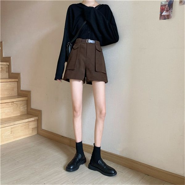 

2021 new bootcut shorts large women's solid waist bands big pockets wide leg long short woolen pants for female winter e9wy, White;black