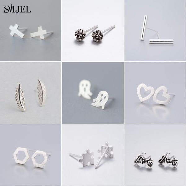 

smjel real 925 sterling silver feather for women bar heart cross knot motorcycle earrings small jewelry gifts men child, Golden;silver