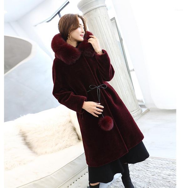 

sheared real nature sheep wool coat women fur collar hooded long pink winter jacket casacas para mujer kj6511, Black