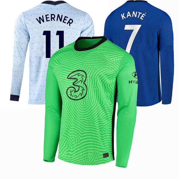 

long sleeve soccer jersey arrizabalaga havertz mount rudiger jorginho abraham barkley kante giroud pulisic 2020 2021 football full shirt, Black;yellow