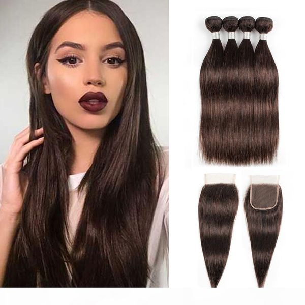 

#2 dark brown straight hair weave bundles with closure 4 bundles with 4*4 lace closure brazilian remy human hair extensions, Black;brown