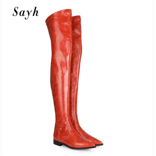 

boots winter woman over the knee pointy toe zipper flats women's leather thin stretch shoes size plus, Black