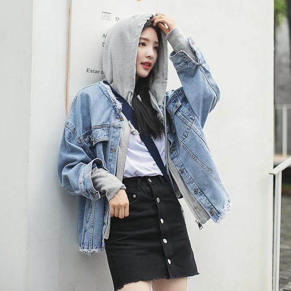 

2020 new women's fashion fake two hooded denim jacket big size loose female jeans jackets, Black;brown